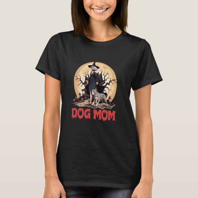 Camiseta Moderna Mãe de Cachorro Bruxa Assustadora Hallowee (Frente)