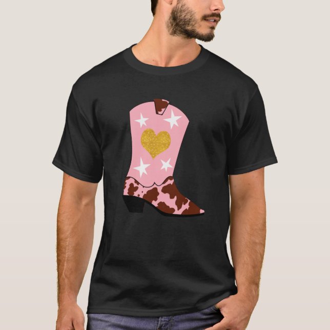 Camiseta Moderna Mulher Rosa Cowgirl Western Boot (Frente)