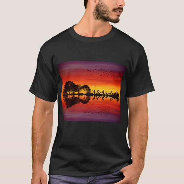 Camiseta Moderno Laranja Sunset Guitarista Nome Watercolor (Frente)