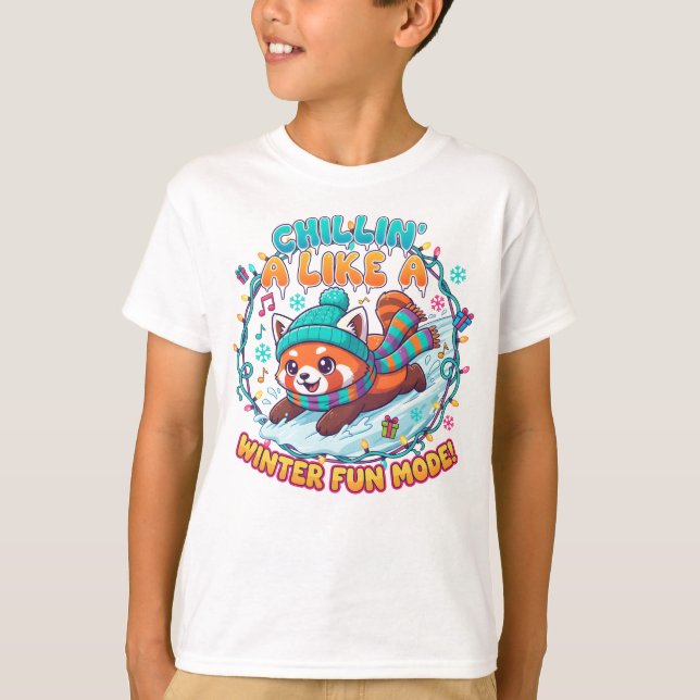 Camiseta Modo Diversão de Inverno Panda Vermelho (Frente)