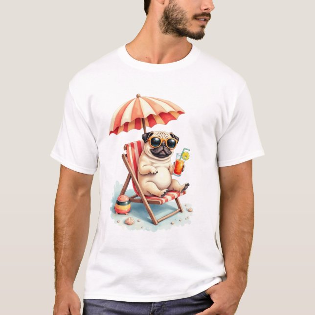 Camiseta Modo Praia Pug Design de Verão (Frente)