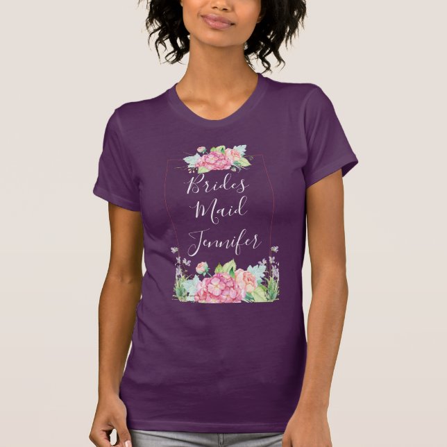Camiseta Moldura Floral de Cor de Água Rosa Bridesmaid (Frente)