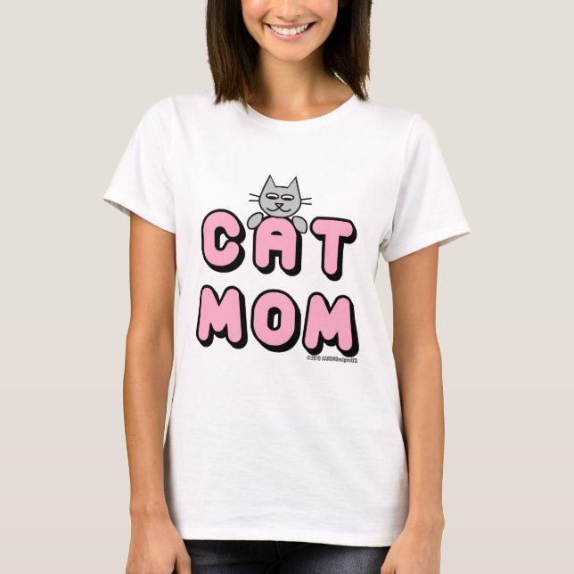 Camiseta "MOM CAT" Impressão cor-de-rosa negrito (Frente)