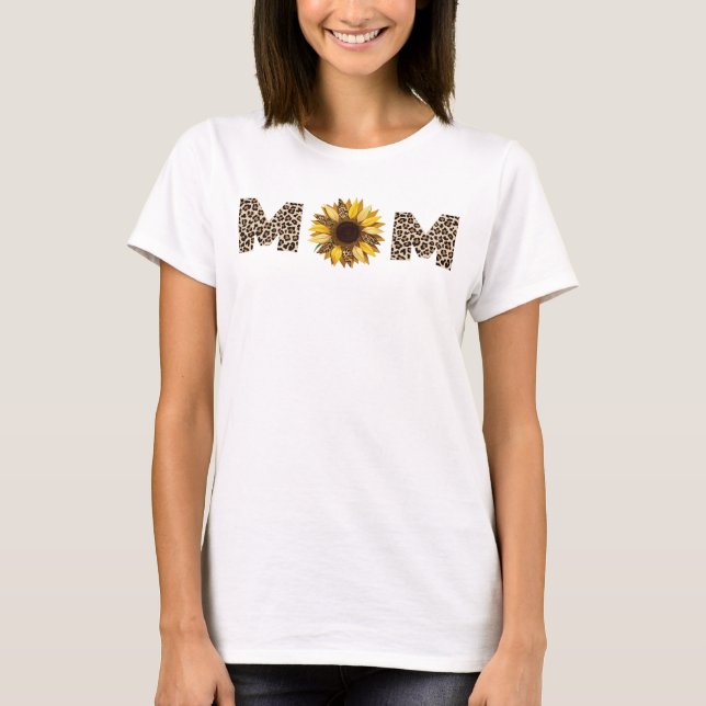 Camiseta MoM, girassol e impressões leopardo, personalizada (Frente)