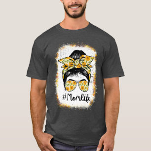 Camiseta Mom Life Messy Bun Leopard Sunflower Mothers Day M
