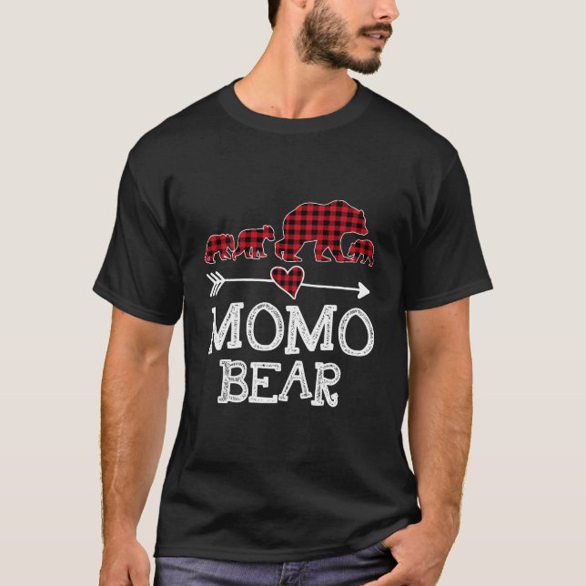 Camiseta Momo Bear Christmas Pajama Red Xadrez Buffalo Fami (Frente)