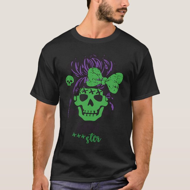 Camiseta Momster Halloween Costume Skull Mum Messy Hair (Frente)