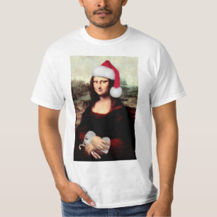 Camiseta Mona Lisa Chapéu de Papai Noel Natal