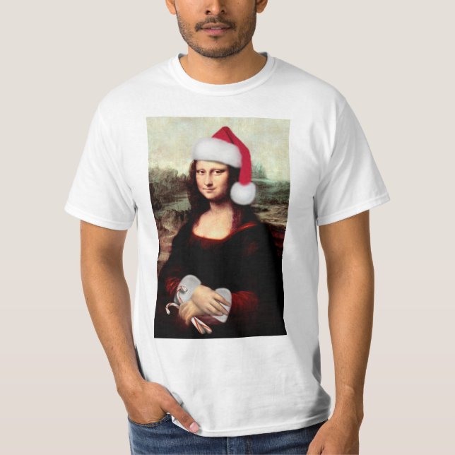 Camiseta Mona Lisa Chapéu de Papai Noel Natal (Frente)