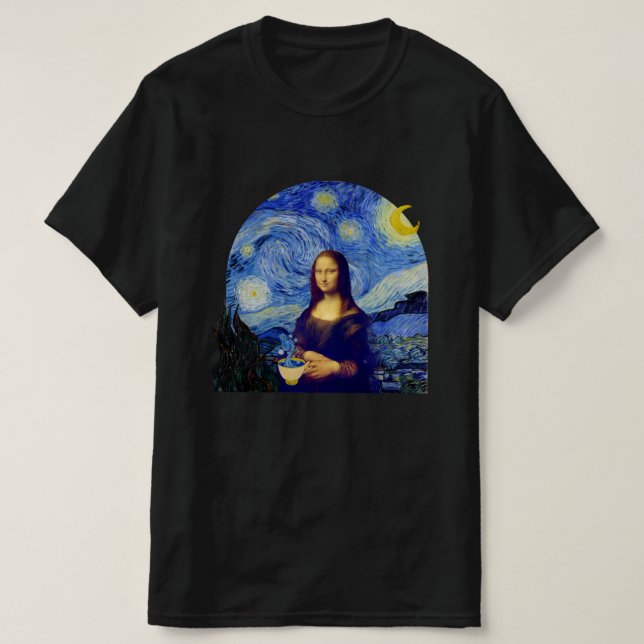 Camiseta Mona Lisa com café na Noite Estrelada, (Frente do Design)