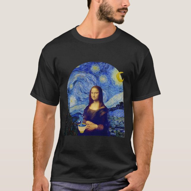 Camiseta Mona Lisa com café na Noite Estrelada, (Frente)
