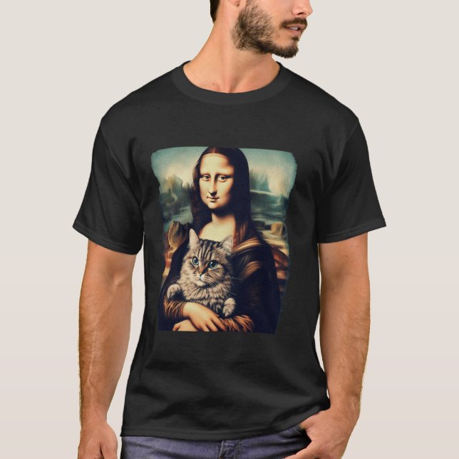 Camiseta mona lisa holding cat kitty for cats lover cat dad (Frente)