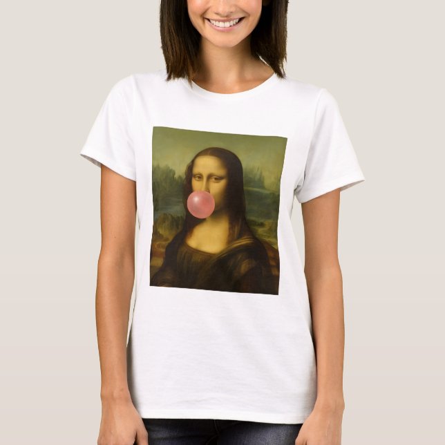 Camiseta Mona Lisa Piscando Goma-Bolha Rosa (Frente)
