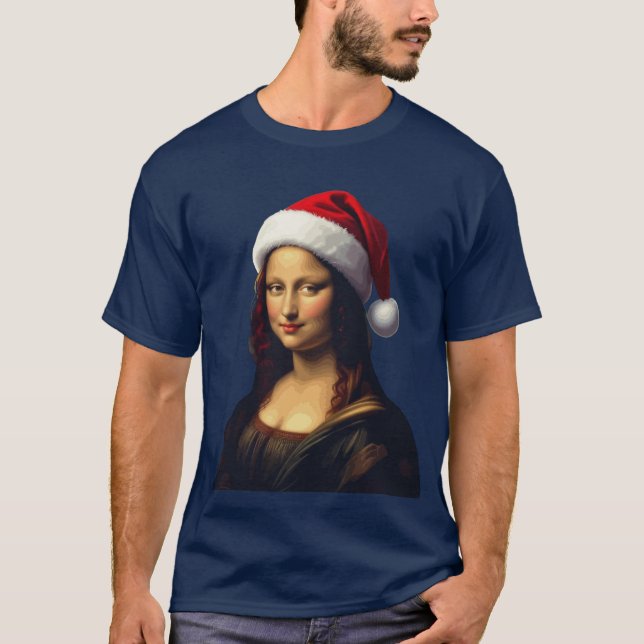 Camiseta Mona Lisa Santa Hat Christmas Holiday Cut Out (Frente)