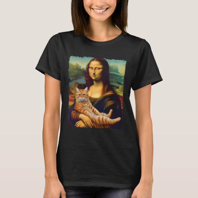 Camiseta Mona Lisa Segurando Gatinho de Pintura de Retratos (Frente)