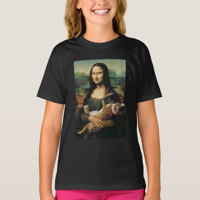 Camiseta Mona Lisa segurando seus amantes de gato (Frente)
