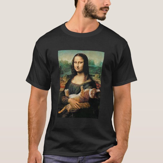 Camiseta Mona Lisa segurando seus amantes de gato (Frente)