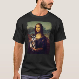Camiseta Mona Lisa Segurando um Schnauzer Arte de Cachorro
