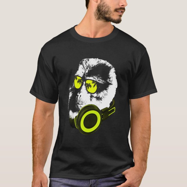 Camiseta Monkey Dj With Headphones And Sunglasses  Party (Frente)