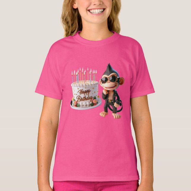 Camiseta  Monkey in Dark Glasses with a Big Cake, Happy Bir (Frente)