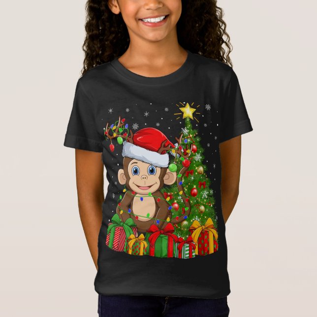 Camiseta Monkey Lighting Xmas Tree Santa Hat Natal Natal (Frente)