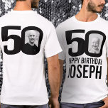 Camiseta mono personalizado de 50 anos agora e depois nome<br><div class="desc">50º aniversário mono, 50 fotos personalizadas na frente e atrás, e mais o nome t-shirt. Diversão 50ª foto personalizada, design de aniversário branco e preto. Personalize esta camisa de aniversário com uma fotografia do aniversariante ou menina no meio do número 0, na frente e atrás. Excelente ideia de adicionar diversão...</div>