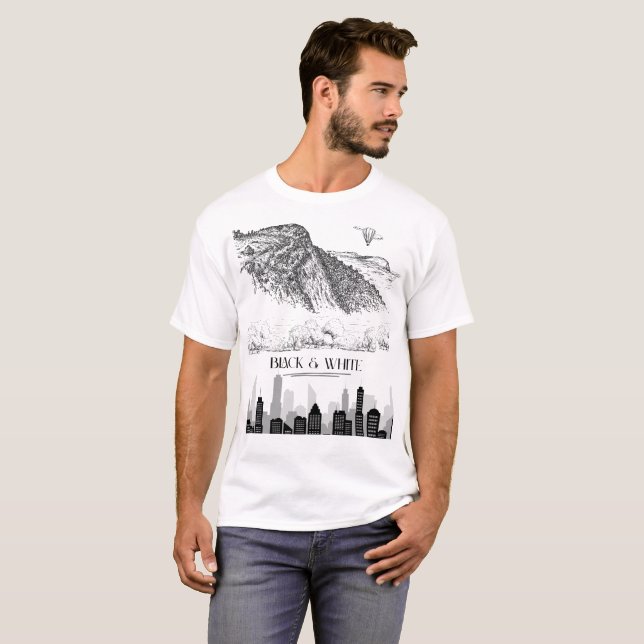 Camiseta Monochrome Mountain City Skyline Art Black White (Frente Completa)