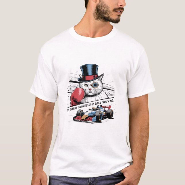 Camiseta Monocle Cat with Boxing Glove & F1 Race Car Funny  (Frente)