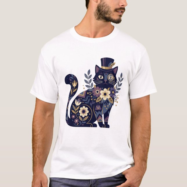 Camiseta Monóculo Floral Sofisticado de Gato com Cartola (Frente)