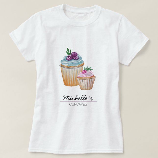 Camiseta Monograma de Aquarela de CupCakes e Frutas (Frente do Design)