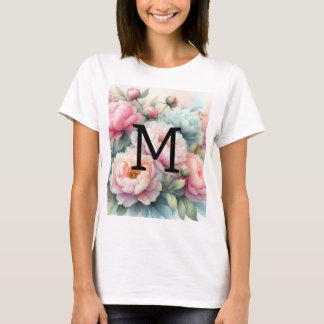 Camiseta Monograma de aquarela floral peônias rosa e azul