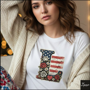 Camiseta Monograma de Carta Bandeira L Rosas Coração