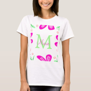 Camiseta Monograma de flor rosa adicionar nome letra folha