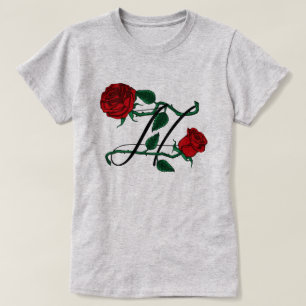 Camiseta Monograma de Nome Letra Inicial H com Rosas Vermel