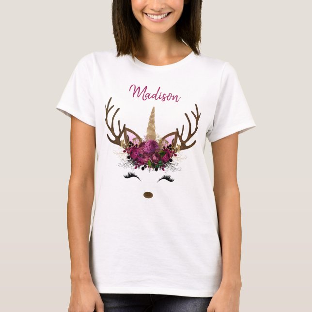 Camiseta Monograma Dourado Cor-de-Rosa Escuro Reindeer do U (Frente)