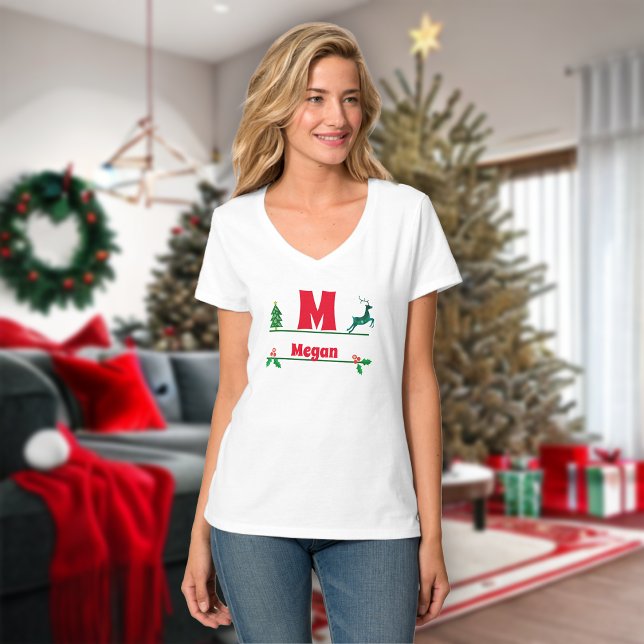 Camiseta Monograma e Nomes Personalizados de Natal Mulheres (Criador carregado)