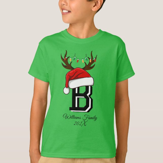 Camiseta Monograma Família de Fatos de Natal Verde (Frente)