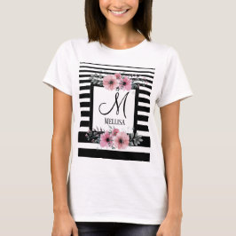 Camiseta Monograma Floral Cor-de-rosa com faixas brancas e 