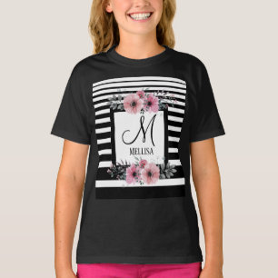 Camiseta Monograma Floral Cor-de-rosa com faixas brancas e 