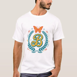 Camiseta Monograma Floral da Letra B com Coroa de Borboleta