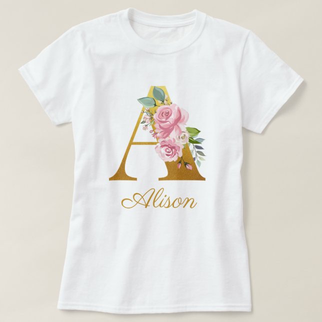 Camiseta Monograma Floral Nome Personalizado Botânico Inici (Frente do Design)