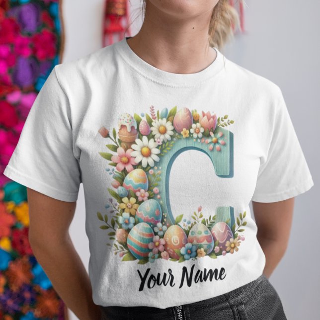 Camiseta Monograma Floral Personalizado De páscoa Com Nome (Criador carregado)