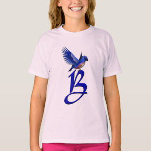 Camiseta Monograma Inicial B Elegante Pássaro Azul 