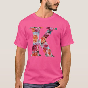 Camiseta monograma inicial letra K flores padrão colorido