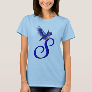 Camiseta Monograma Inicial S Elegante Pássaro Azul