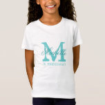 Camiseta Monograma jr bridesmaid t shirt para raparigas<br><div class="desc">Monograma personalizado jr. camisas da madrinha | cor azul-turquesa e cor branca. Camisetas monogramadas com nome personalizado em texto de script elegante. Personalize para noiva, dama de honra, florista, madrinha de casamento, dama de honra, mãe da noiva, etc. Ideia bonita para festa de casamento, chá de panela e festa de...</div>