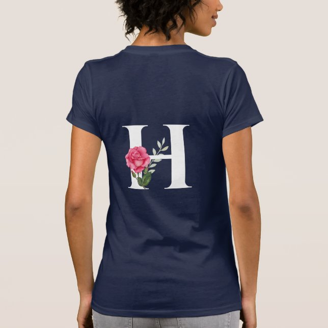 Camiseta Monograma - Letra inicial H em branco com rosa ros (Verso)