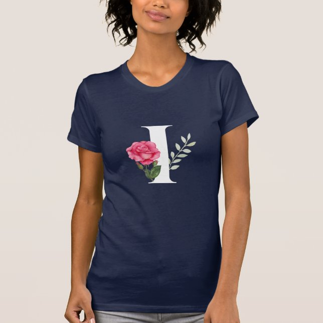 Camiseta Monograma - Letra inicial I em branco com rosa ros (Frente)