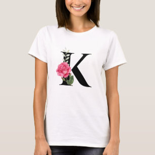 Camiseta Monograma - Letra inicial K em preto com rosa rosa