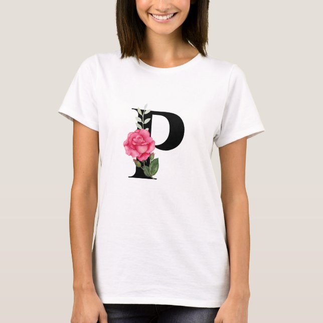 Camiseta Monograma - Letra inicial P a preto com rosa rosa  (Frente)